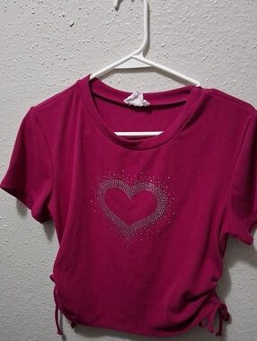 Girls' Magenta Rhinestone Heart Short Sleeve Tee
